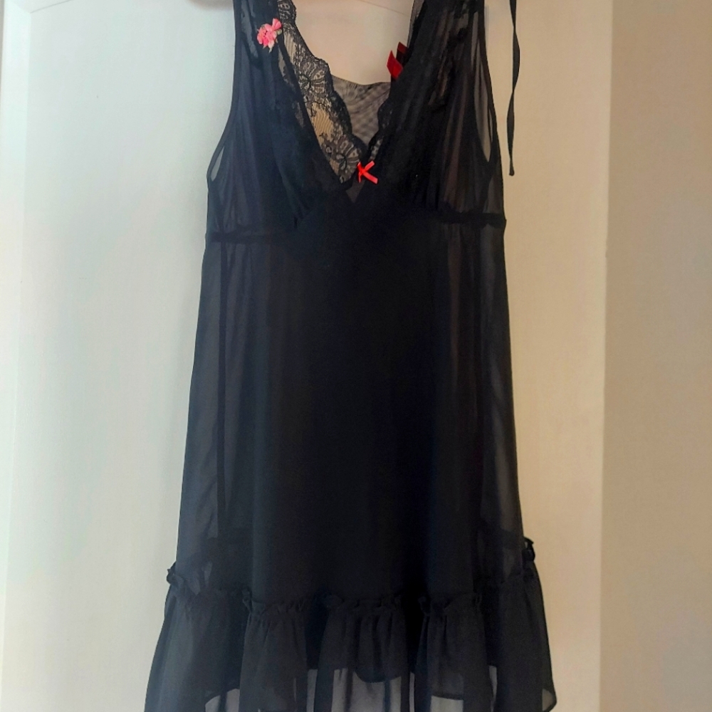 Betsey Johnson black and pink lacey negligee baby doll lingerie mini dress